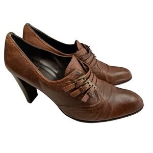 Stuart Weitzman Heels 8 Pumps Brown Leather Triple Strap Italian Luxe Block Heel